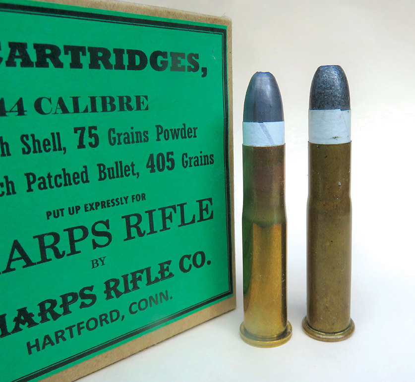 The cartridge on the left has the BACO patched bullet, on the right is the old original 44-77.